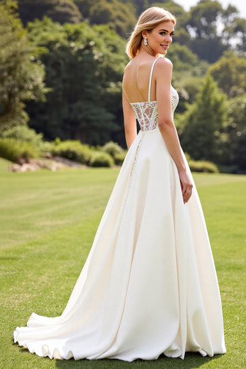 Ivory Chiffon Lace A Line Wedding Dress